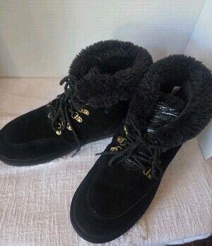 LAMO Linden Black Suede Lace-Up Fur Trim Winter Cozy Cabincore Women's Size 10
